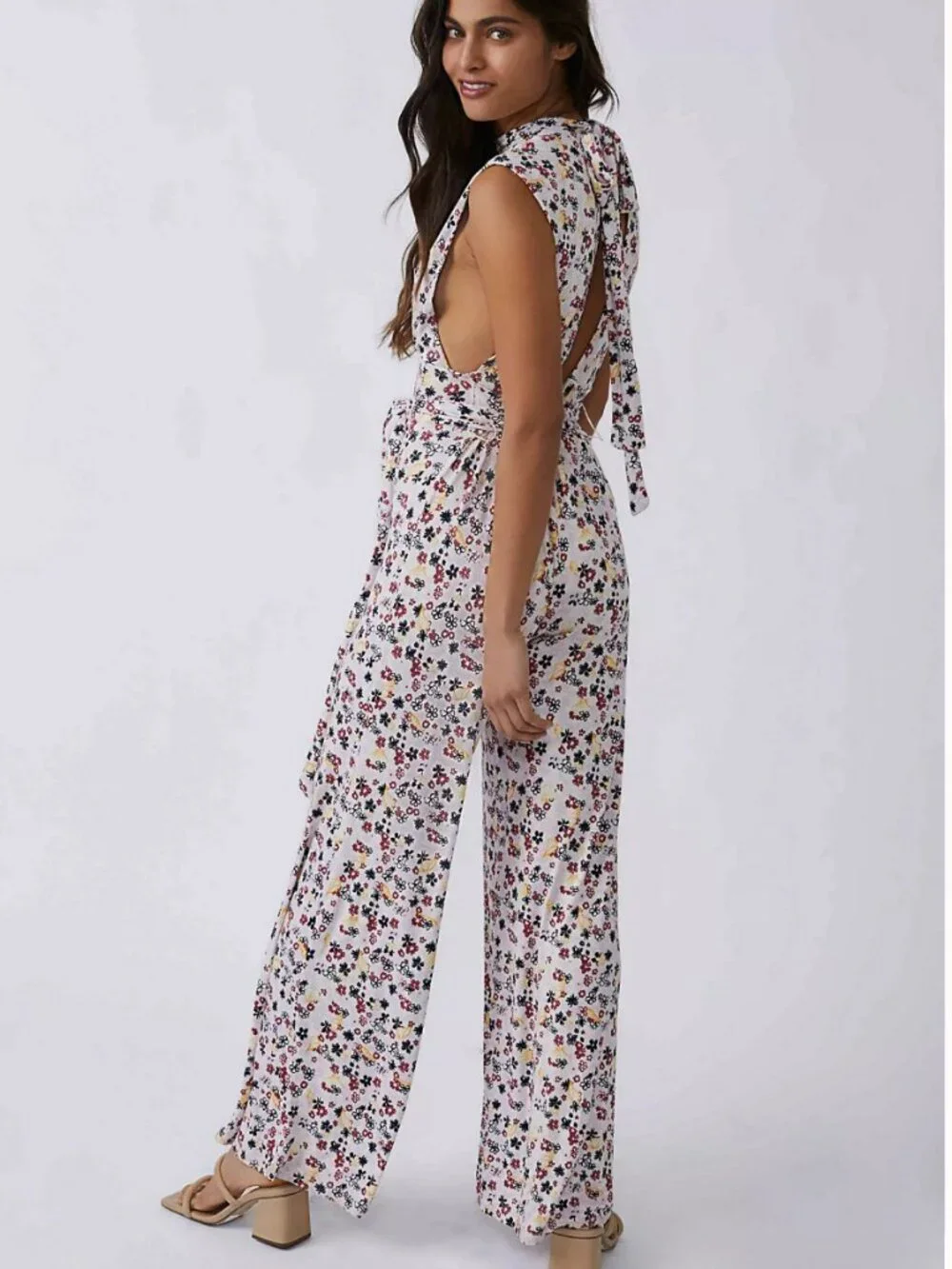NWT Free People Vibe Check Jumpsuit in Tea Ditsy Shell Combo